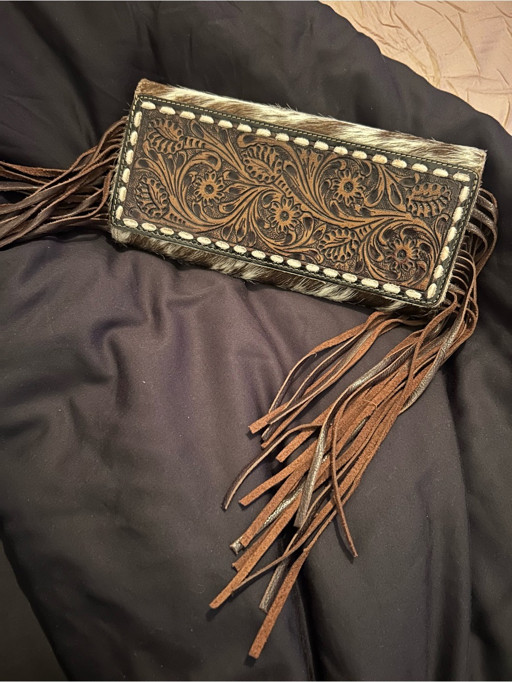 Brown Tooled Leather Fringe Wristlet Clutch